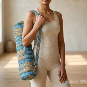 Tiger Print Quilted Cotton Yoga Mat Bag with an adjustable shoulder strap showing the bold animal print pattern.