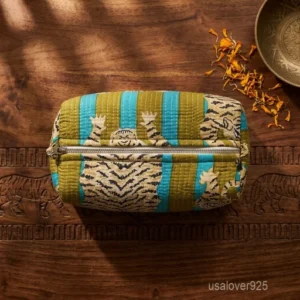 Set of 3 Tiger Print Quilted Toiletry Bag Set nesting configuration showing the traditional wild cat design and secure zipper lines with tassel trims.