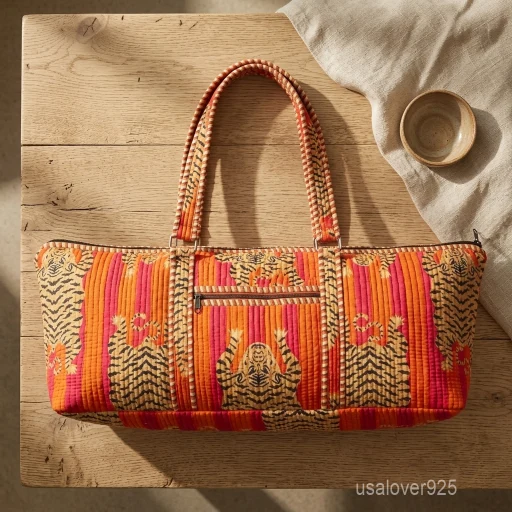 An active fitness practitioner holding the Tiger Print Quilted Yoga Bag by the wide handles, showcasing its generous carrying capacity and vibrant studio-ready look.