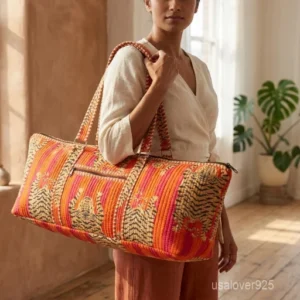 Tiger Print Quilted Yoga Bag carrier showing the traditional orange wild cat design with the large main compartment opening and quick-access front pocket.