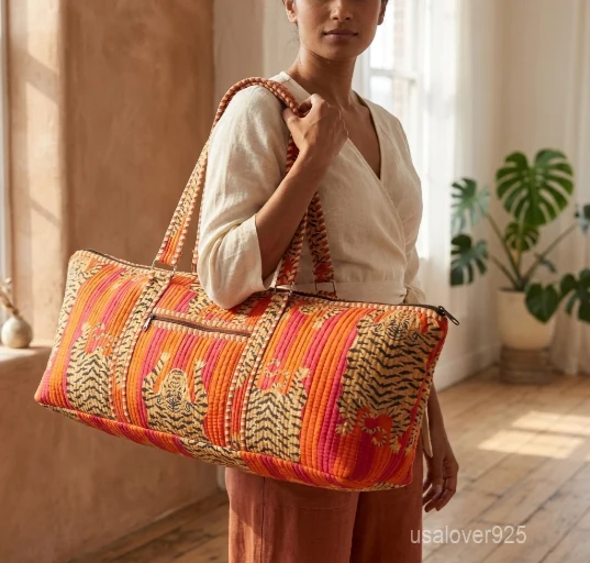Tiger Print Quilted Yoga Bag carrier showing the traditional orange wild cat design with the large main compartment opening and quick-access front pocket.