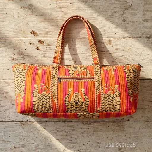 Tiger Print Quilted Yoga Bag carrier showing the traditional orange wild cat design with the large main compartment opening and quick-access front pocket.