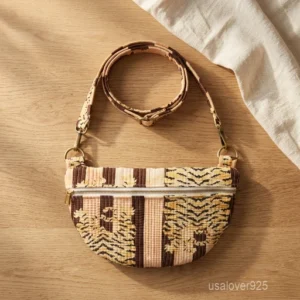 Close-up of the exotic jungle print detailing, dense parallel line quilted stitching rows, secure top zipper, and top handle on an Indian cotton mini purse.