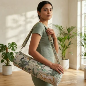 Tropical Animal Print Quilted Cotton Yoga Mat Bag with an adjustable shoulder strap showing the vibrant jungle foliage print.