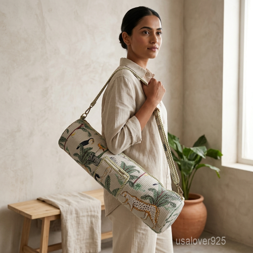 Tropical Animal Print Quilted Cotton Yoga Mat Bag with an adjustable shoulder strap showing the vibrant jungle foliage print.