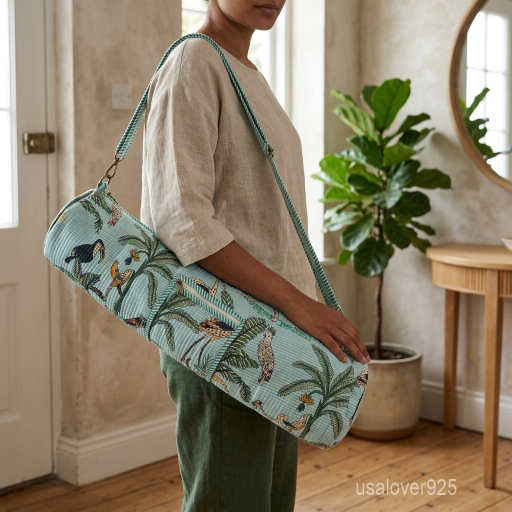 Tropical Jungle Print Quilted Cotton Yoga Mat Bag with an adjustable shoulder strap showing the vibrant botanical foliage design.