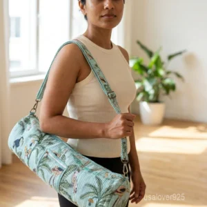Woman walking to a workout studio carrying a Tropical Jungle Print Quilted Cotton Yoga Mat Bag comfortably as a crossbody sling.