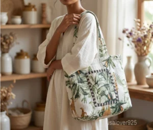 Tropical Leaf Quilted Cotton Tote Bag with double handle shoulder straps showing the green botanical foliage print layout.