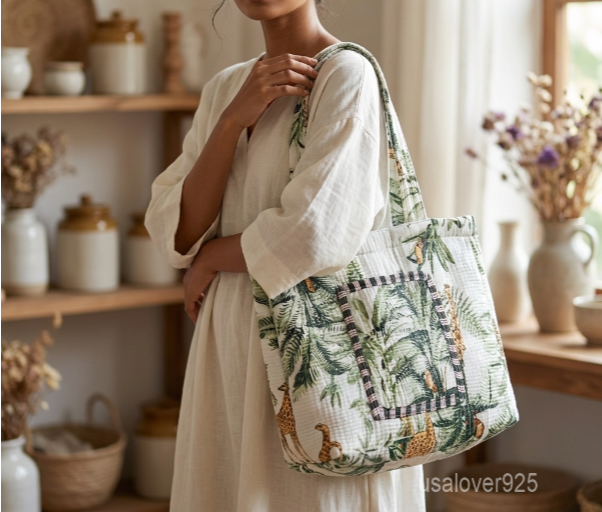 Tropical Leaf Quilted Cotton Tote Bag with double handle shoulder straps showing the green botanical foliage print layout.