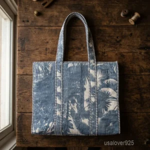 A person carrying a large Vintage Indian Block Print Quilted Cotton Tote Bag comfortably over their shoulder during an outdoor summer holiday travel trip.