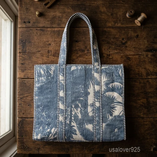 A person carrying a large Vintage Indian Block Print Quilted Cotton Tote Bag comfortably over their shoulder during an outdoor summer holiday travel trip.
