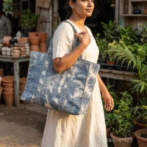 Close-up of the multicolor vintage block print detailing, dense parallel line quilted stitching rows, supportive 6-inch bottom gusset base, and comfortable handles on an Indian cotton tote bag.