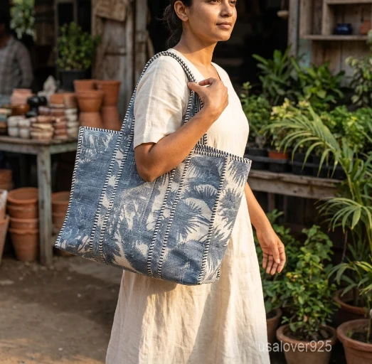 Close-up of the multicolor vintage block print detailing, dense parallel line quilted stitching rows, supportive 6-inch bottom gusset base, and comfortable handles on an Indian cotton tote bag.