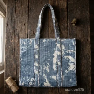 Vintage Indian Block Print Quilted Cotton Tote Bag with large shoulder handles showing the multicolor artisan design.