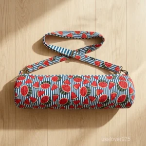 Watermelon Fruit Quilted Yoga Mat Bag showing the traditional hand block print artisan design with the full-length zipper closure, external zip pocket, and comfortable shoulder strap.