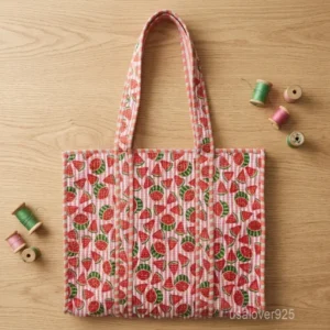 A person carrying a large Watermelon Print Kantha Stitch Quilted Cotton Tote Bag comfortably over their shoulder during a summer beach holiday trip.