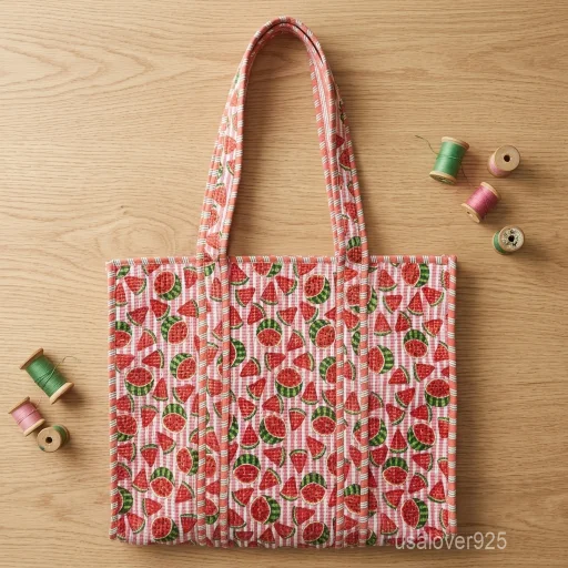 A person carrying a large Watermelon Print Kantha Stitch Quilted Cotton Tote Bag comfortably over their shoulder during a summer beach holiday trip.