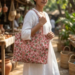 Watermelon Print Kantha Stitch Quilted Cotton Tote Bag with comfortable shoulder handles showing the bright pink and green fruit pattern design.
