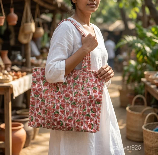 Watermelon Print Kantha Stitch Quilted Cotton Tote Bag with comfortable shoulder handles showing the bright pink and green fruit pattern design.