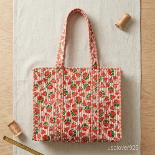 Watermelon Print Kantha Stitch Quilted Cotton Tote Bag with comfortable shoulder handles showing the bright pink and green fruit pattern design.