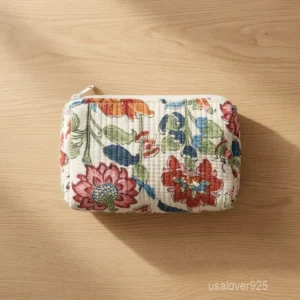 Set of 3 White Block Print Quilted Cotton Toiletry Bags nesting set showing the traditional monochrome design and secure zipper lines with accent beads and tassels.