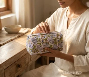 Close-up of the handcrafted white floral print detailing, dense vertical quilted stitching rows, waterproof internal plastic lining, and built-in inside slots on an Indian cotton cosmetic caddy pouch.