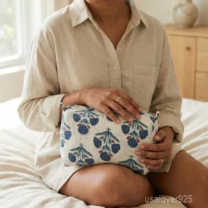 A three-piece nesting set of White Floral Quilted Cotton Toiletry Bags neatly arranged on a clean vanity counter showing the large, medium, and small size profiles.