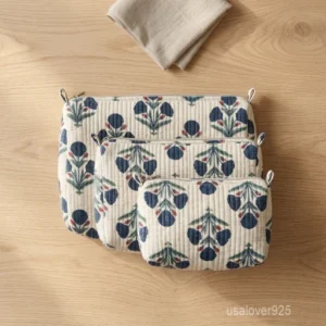 Set of 3 White Floral Quilted Cotton Toiletry Bags nesting set showing the traditional botanical artisan design and secure zipper fastenings.