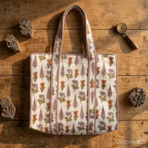 Woman walking through an outdoor market carrying a White Floral Quilted Cotton Tote Bag packed with daily workspace essentials.