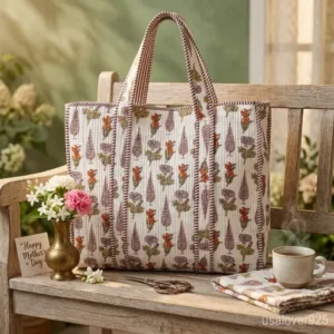 Close-up of delicate green, orange, and mauve botanical prints and detailed quilted stitching on a white cotton tote bag.