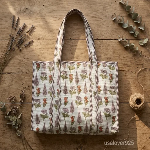 A person carrying a large White Floral Quilted Cotton Tote Bag comfortably over their shoulder during a casual weekend market stroll.