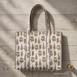 White Floral Quilted Cotton Tote Bag with comfortable shoulder handles showing the earthy green, orange, and mauve block print design.