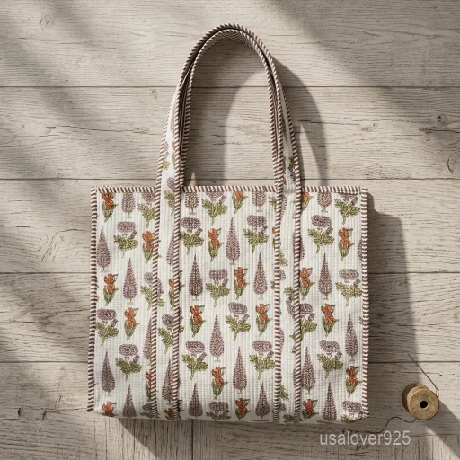 White Floral Quilted Cotton Tote Bag with comfortable shoulder handles showing the earthy green, orange, and mauve block print design.
