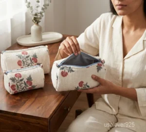 Set of 3 White Flower Print Quilted Cotton Toiletry Bags nesting set showing the traditional botanical artisan design and secure zipper fastenings.