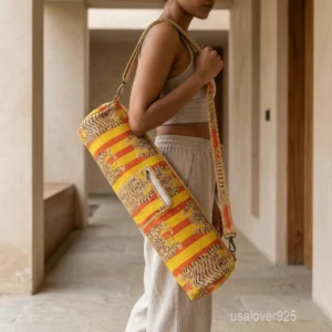Wild Tiger Striped Quilted Cotton Yoga Mat Bag with an adjustable shoulder strap showing the bold animal print pattern.
