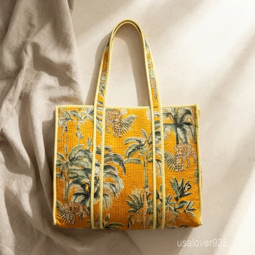 A person carrying a large Yellow Animal Print Quilted Indian Cotton Tote Bag comfortably over their shoulder during a casual weekend travel trip.