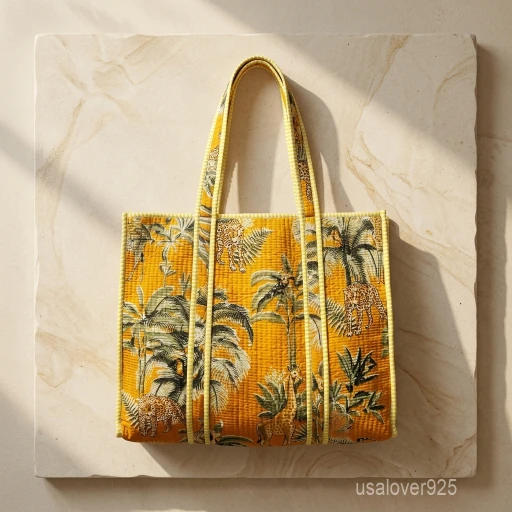 Yellow Animal Print Quilted Indian Cotton Tote Bag with large shoulder handles showing the traditional wild cat hand block print design.