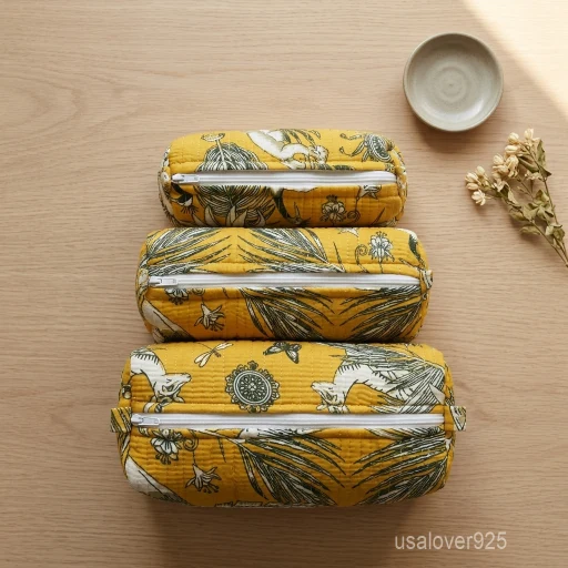A three-piece nesting set of Yellow Block Print Quilted Cotton Toiletry Bags neatly arranged on a clean vanity counter showing the large, medium, and small size profiles.