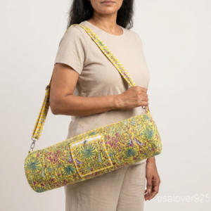 Yellow Floral Hand Block Print Yoga Mat Bag carrier showing the traditional artisan botanical design with the full-length zipper closure and outer pocket.