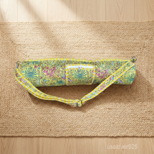 Yellow Floral Hand Block Print Yoga Mat Bag carrier showing the traditional artisan botanical design with the full-length zipper closure and outer pocket.