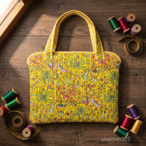 A professional holding the Yellow Floral Botanical Laptop Sleeve by the wide fabric handles, showcasing its slim profile and vibrant boho workspace style.