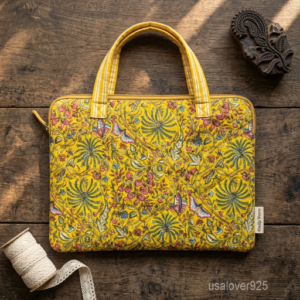 Close-up of the handcrafted yellow floral block print detailing, dense quilted stitching texture lines, robust handle strap attachments, and clean zip track on an Indian cotton MacBook case.