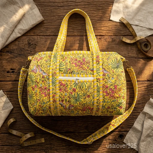 A traveler carrying the Yellow Floral Quilted Cotton Duffle Bag over the shoulder by the adjustable strap, showcasing its generous packing capacity and vibrant bohemian travel style.