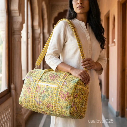 Yellow Floral Quilted Cotton Duffle Bag showing the traditional hand block print artisan design with the top zipper closure, front zip pocket, and adjustable shoulder strap.