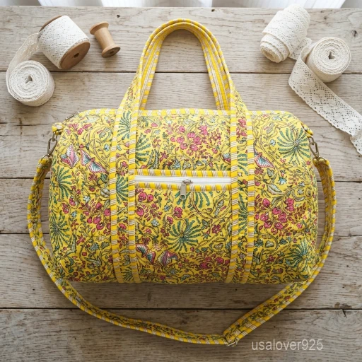 Yellow Floral Quilted Cotton Duffle Bag showing the traditional hand block print artisan design with the top zipper closure, front zip pocket, and adjustable shoulder strap.