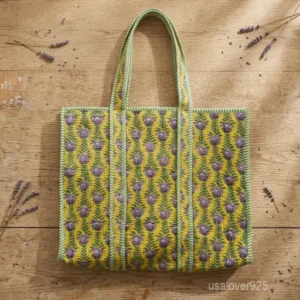 A person carrying a Green Floral Hand Block Print Quilted Cotton Tote Bag comfortably over their shoulder during a casual outdoor market run.