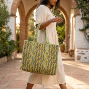 Green Floral Hand Block Print Quilted Cotton Tote Bag with shoulder straps showing the vibrant botanical hand block print design.