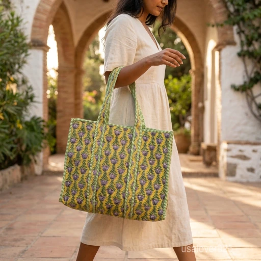 Green Floral Hand Block Print Quilted Cotton Tote Bag with shoulder straps showing the vibrant botanical hand block print design.