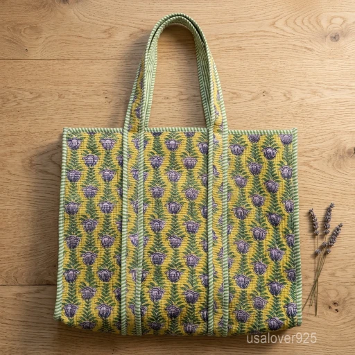 Green Floral Hand Block Print Quilted Cotton Tote Bag with shoulder straps showing the vibrant botanical hand block print design.