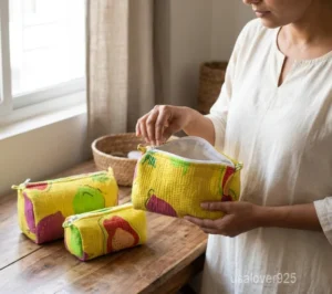 Set of 3 Yellow Fruit Print Quilted Cotton Toiletry Bags nesting set showing the traditional artisan botanical design and secure zippers with fabric pull tabs.